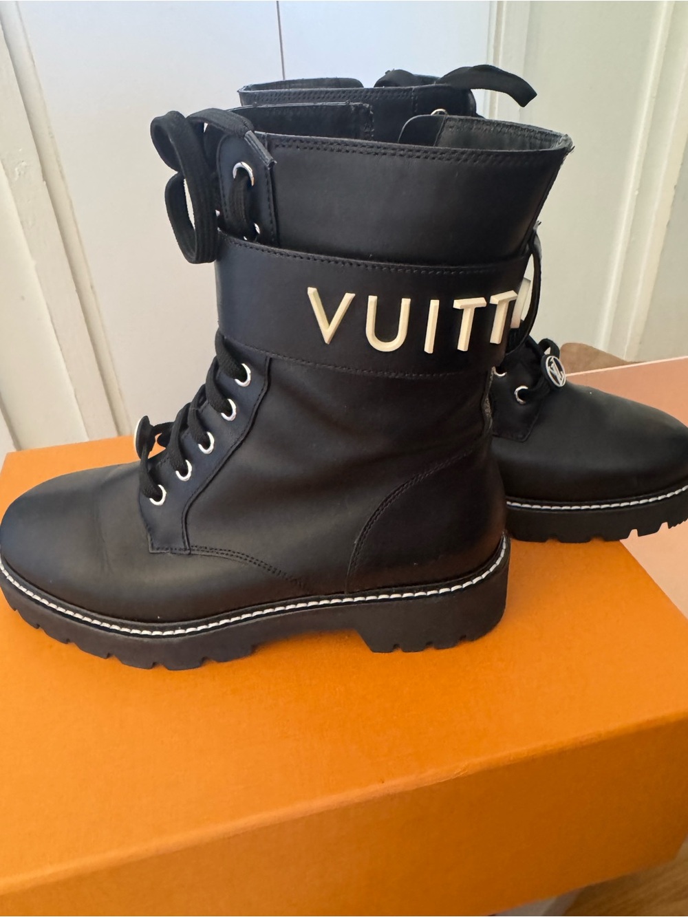 Louis Vuitton Black Combat Boots with White Logo Detail